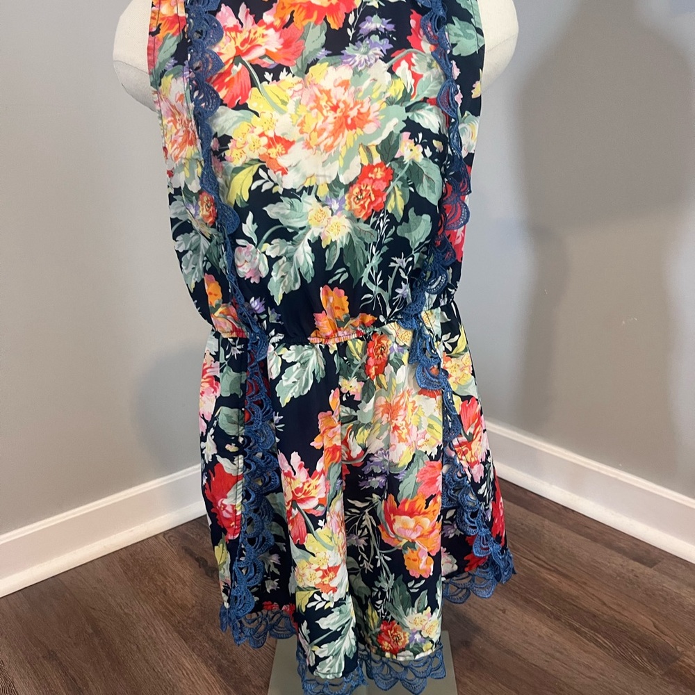 Floral Silk Romper With Lace Trim